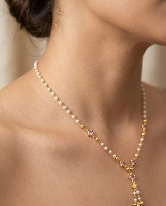 Micro Gold Plated Pearl 18 iches Chain with Pink Stone Accents & Elegant Drop