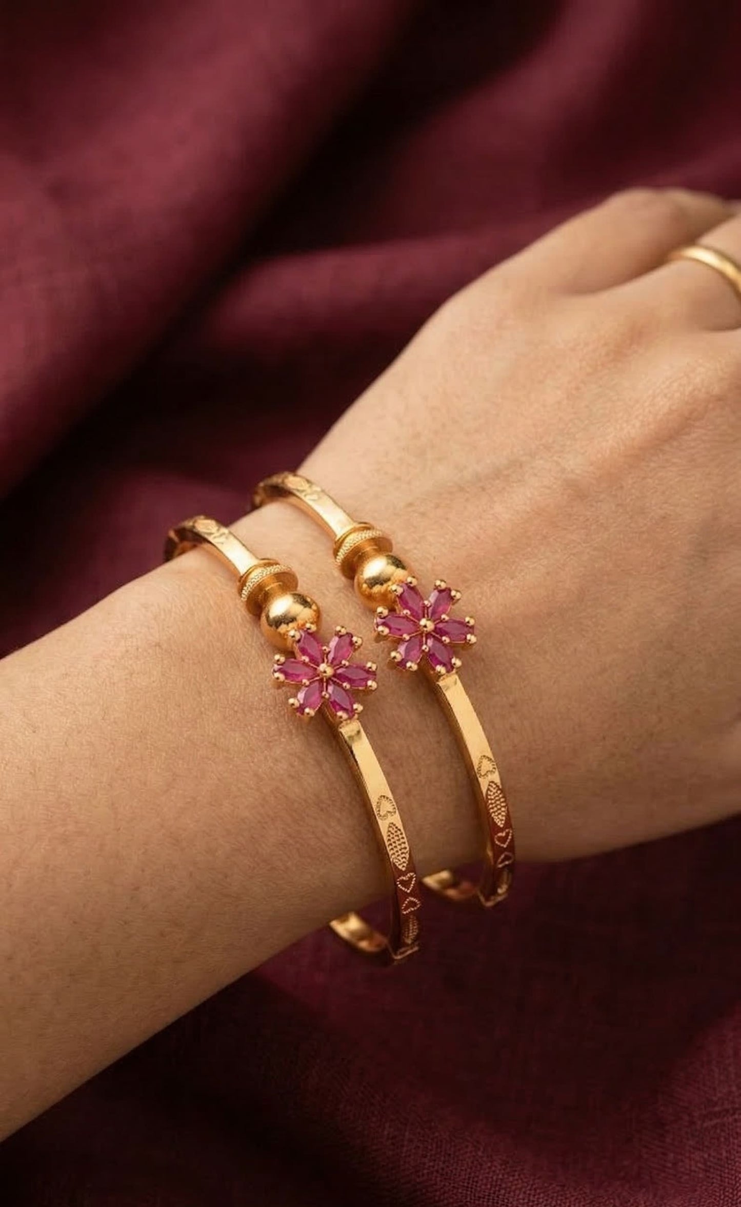 Micro Gold Plated Ruby Floral Hoop Earrings – Elegant Daily Wear adjustable flower kadli