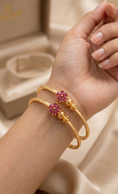 Micro Gold Plated Ruby Floral Hoop Earrings – Elegant Daily Wear adjustable flower kadli