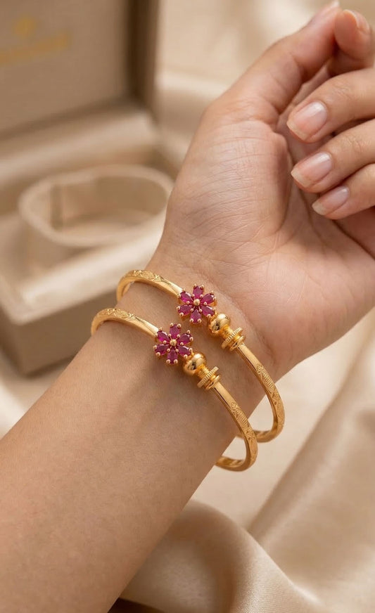 Micro Gold Plated Ruby Floral Hoop Earrings – Elegant Daily Wear adjustable flower kadli