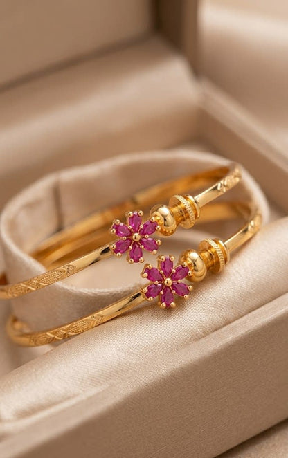Micro Gold Plated Ruby Floral Hoop Earrings – Elegant Daily Wear adjustable flower kadli