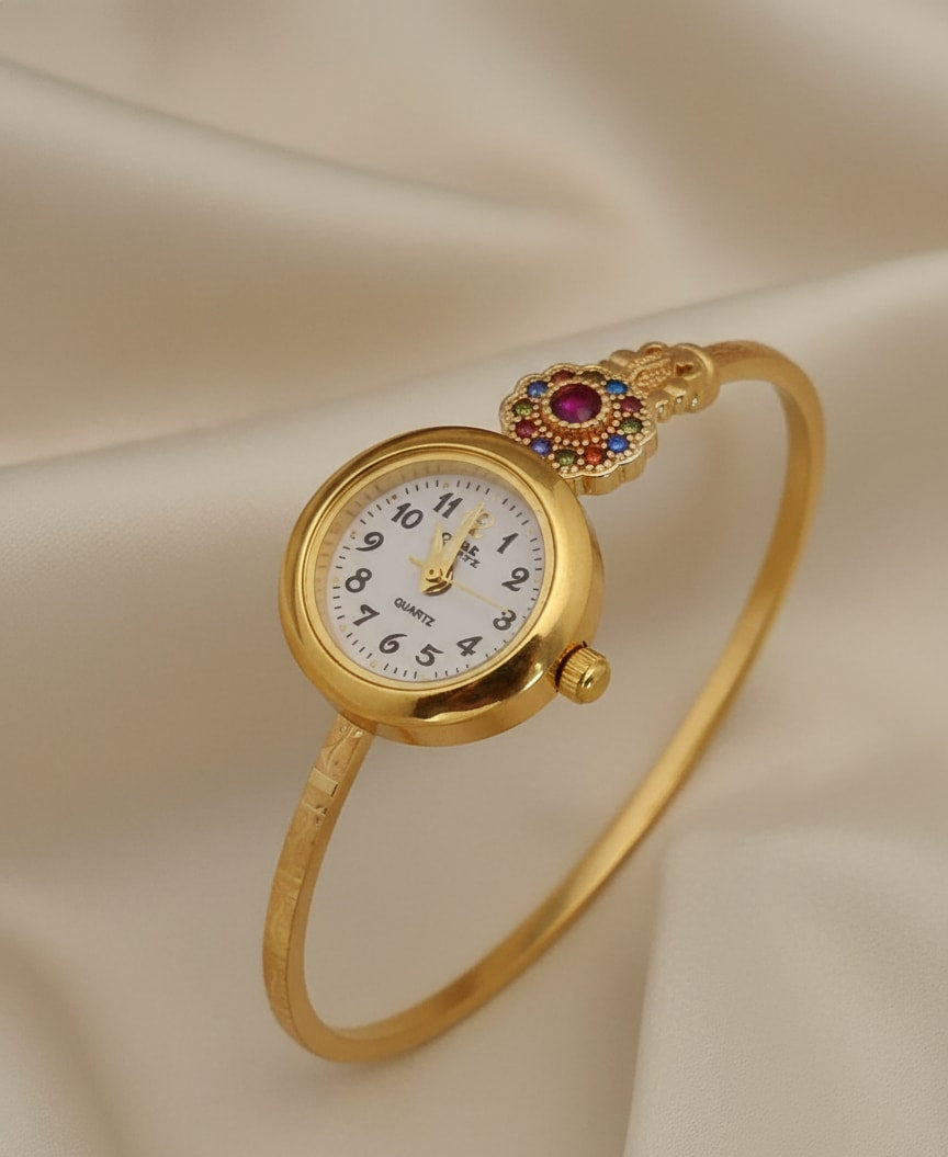 Premium Micro Gold Plated Floral Bangle Watch with Elegant Color Stone Detail