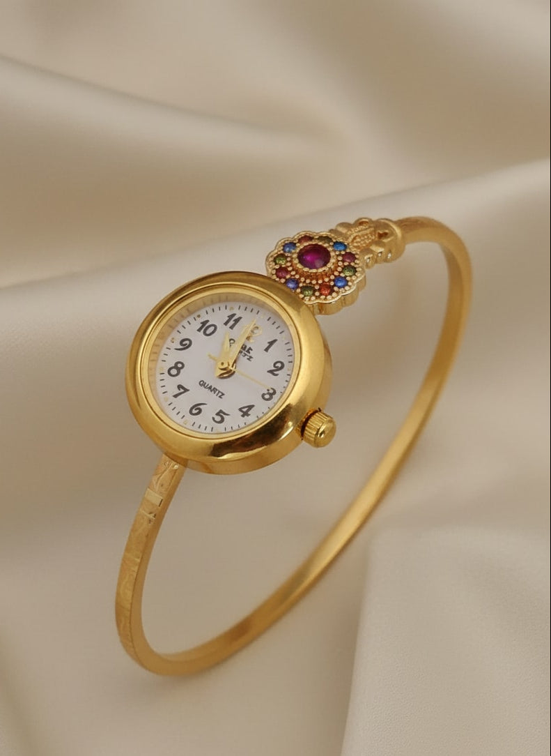 Premium Micro Gold Plated Floral Bangle Watch with Elegant Color Stone Detail