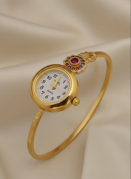 Premium Micro Gold Plated Floral Bangle Watch with Elegant Color Stone Detail