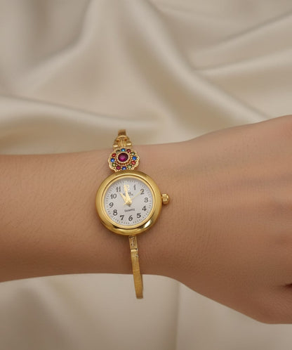 Premium Micro Gold Plated Floral Bangle Watch with Elegant Color Stone Detail