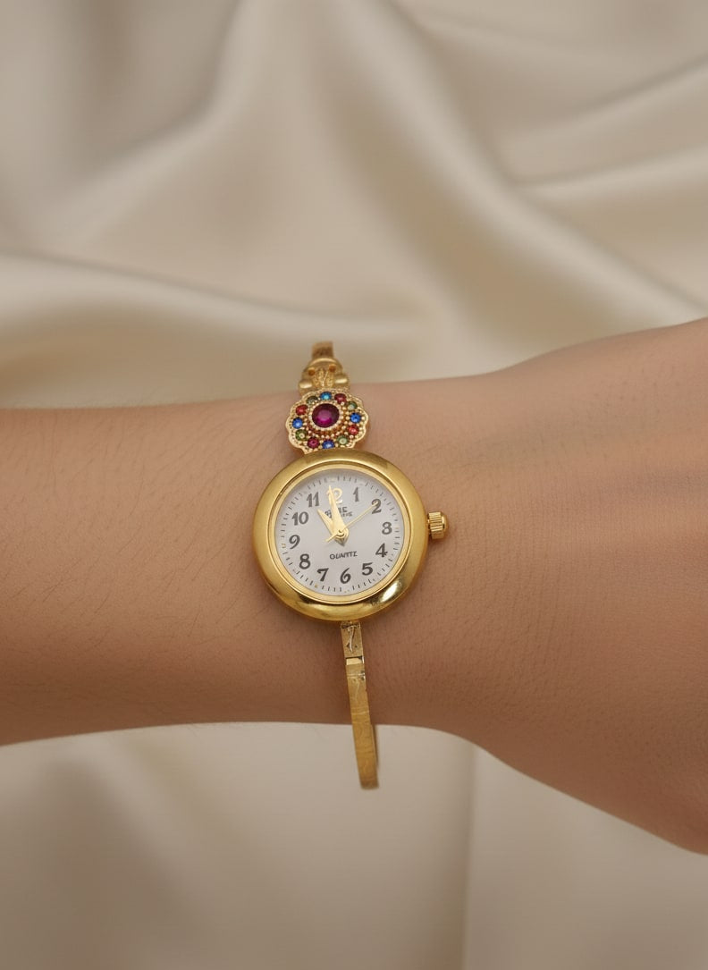 Premium Micro Gold Plated Floral Bangle Watch with Elegant Color Stone Detail