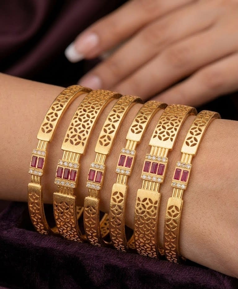 Micro Gold Plated  Designer And Diamonds 6 Pcs Bangles