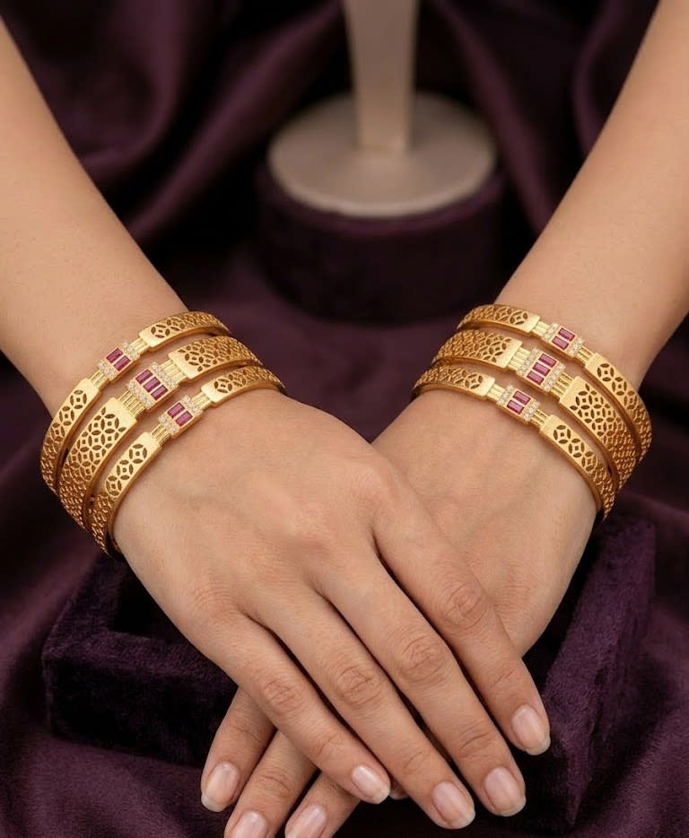 Micro Gold Plated  Designer And Diamonds 6 Pcs Bangles