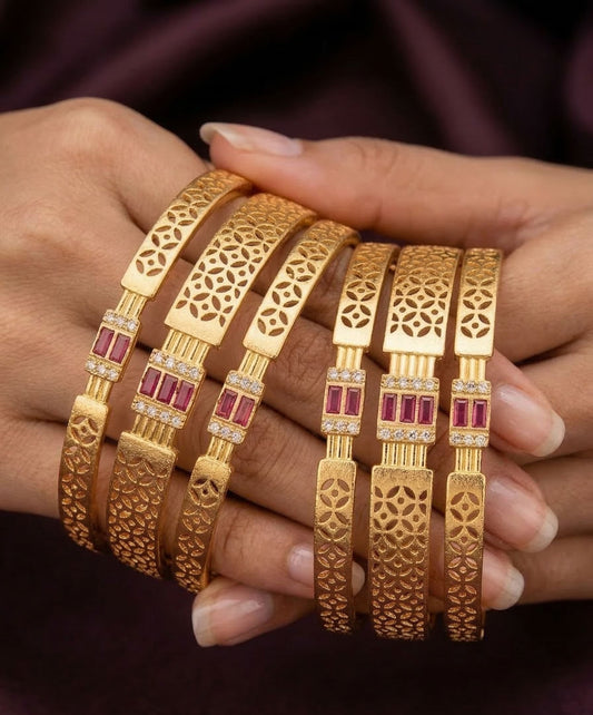 Micro Gold Plated  Designer And Diamonds 6 Pcs Bangles
