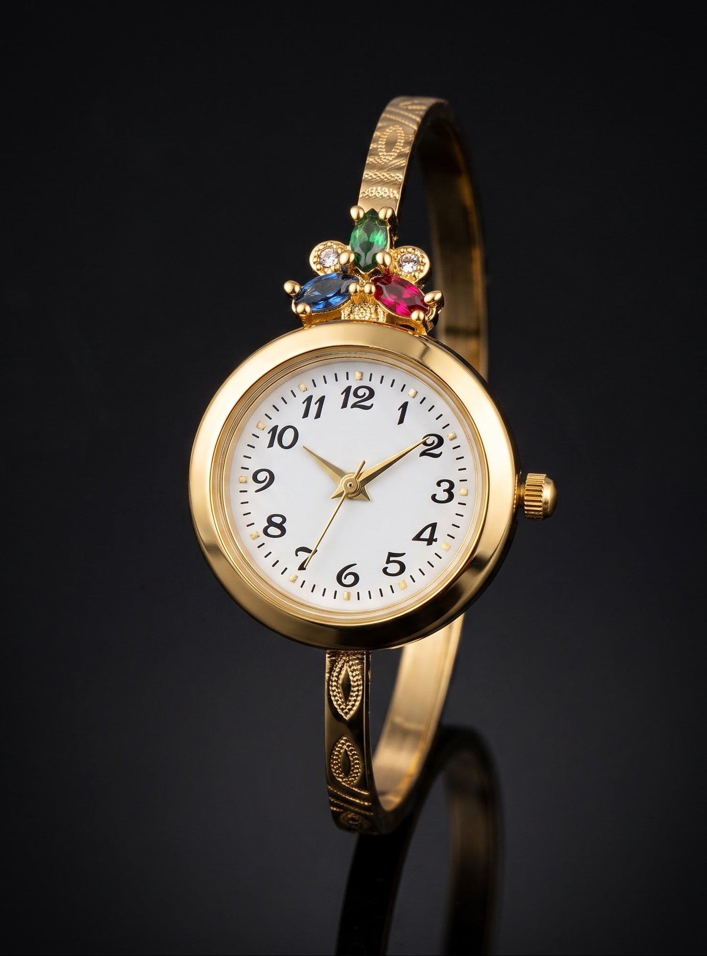 Micro Gold Tone Plated And Diamond Flower Design Adjustable Bracelet Watch
