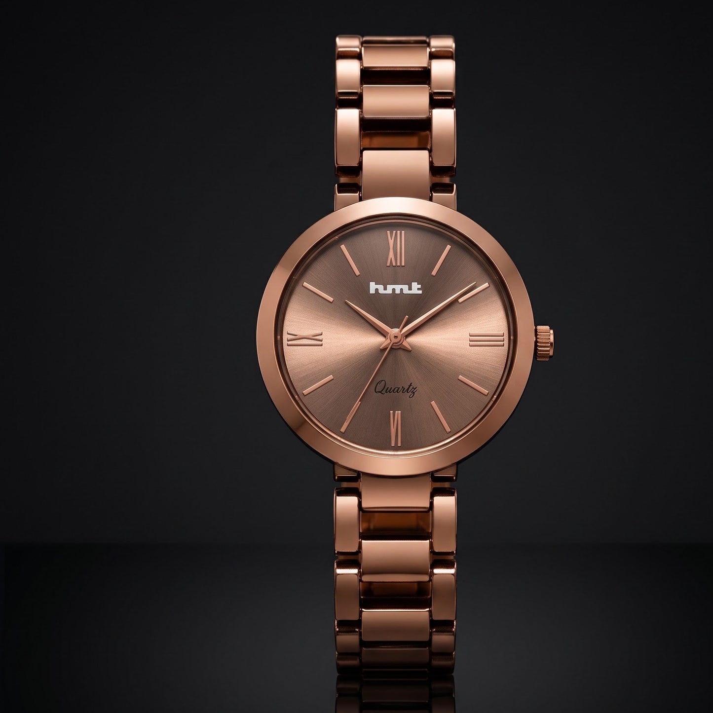 Minimalist Rose Gold Dark Tone Women's Analog Watch with Metal Link Bracelet