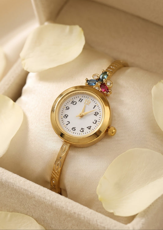 Micro Gold Tone Plated And Diamond Flower Design Adjustable Bracelet Watch
