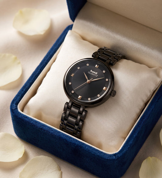 HMT Quartz Sleek All-Black Women's Analog Watch with Crystal Accents