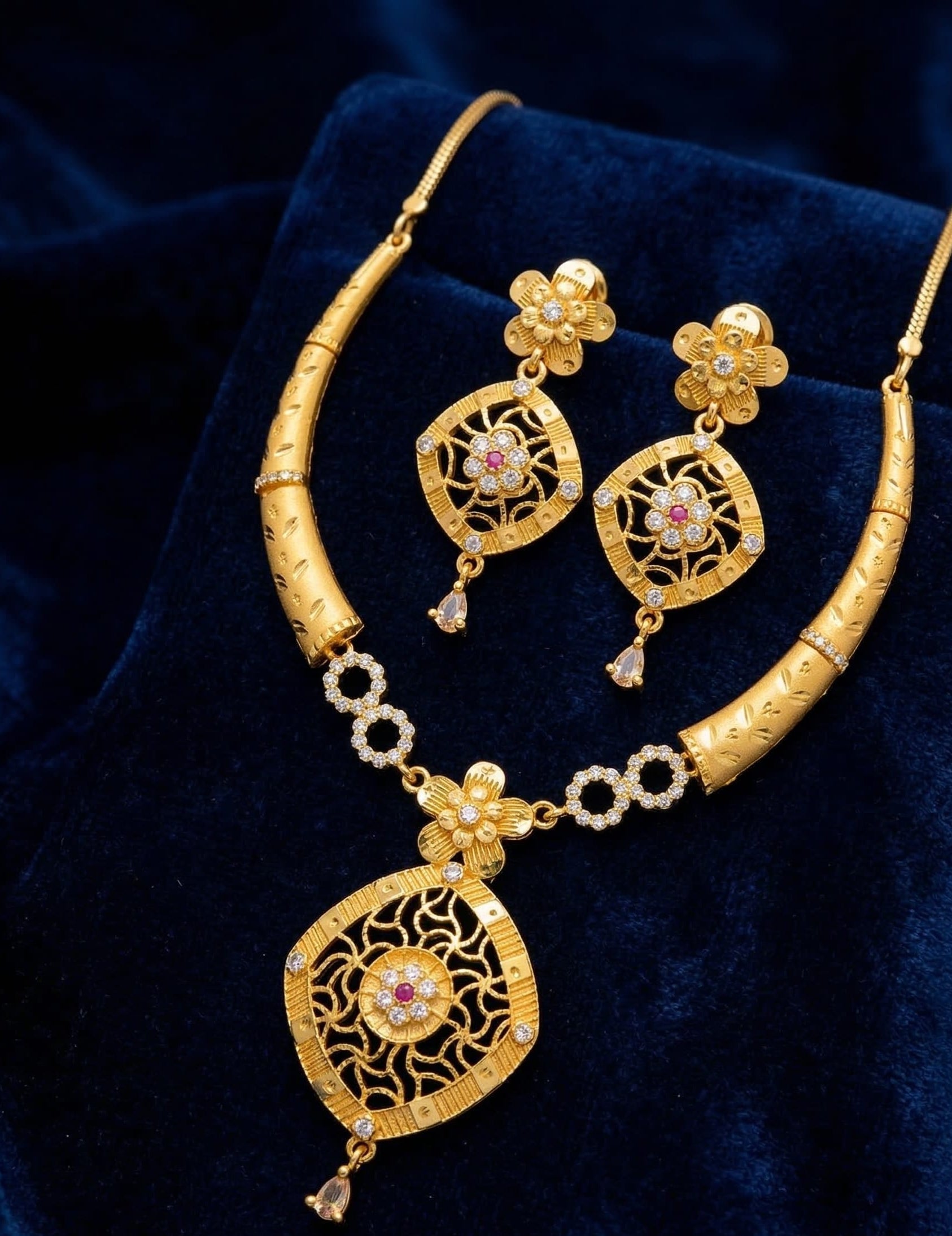 Royal Floral Filigree Micro Gold Plated And Stone Studded Pendant Set with Earrings