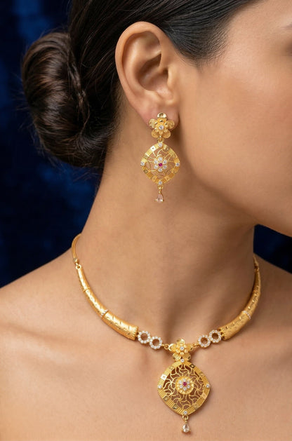 Royal Floral Filigree Micro Gold Plated And Stone Studded Pendant Set with Earrings