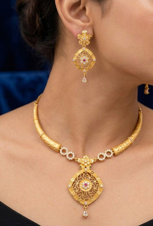 Royal Floral Filigree Micro Gold Plated And Stone Studded Pendant Set with Earrings