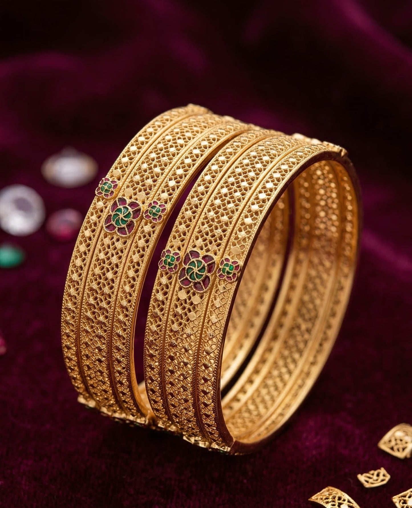 Royal Floral Filigree Micro Gold Plated Ruby & Emerald Stone Studded Fancy Bangles Set