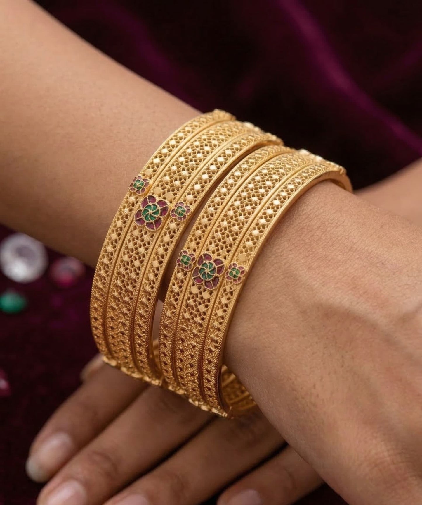 Royal Floral Filigree Micro Gold Plated Ruby & Emerald Stone Studded Fancy Bangles Set