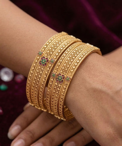 Royal Floral Filigree Micro Gold Plated Ruby & Emerald Stone Studded Fancy Bangles Set