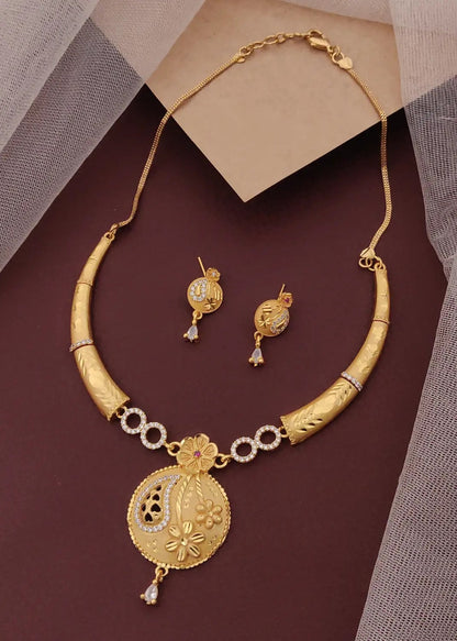 Royal Floral Heritage Micro Gold Plated And Necklace Set with Elegant Drop Pendant
