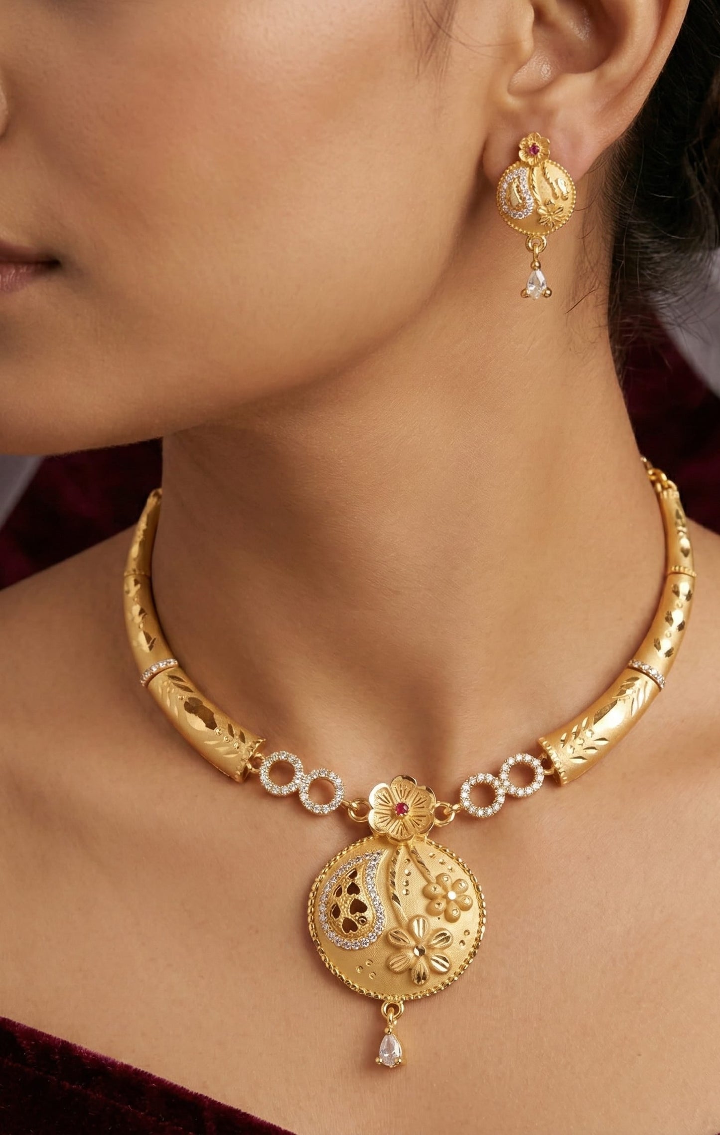 Royal Floral Heritage Micro Gold Plated And Necklace Set with Elegant Drop Pendant