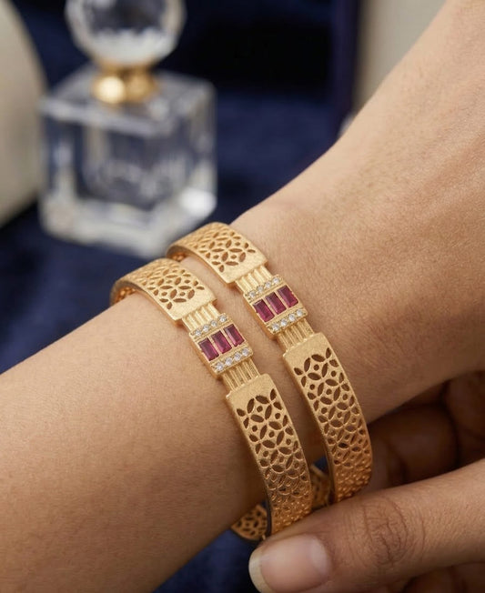 Royal Ruby Lattice Micro Gold Plated AD Stone Studded Designer Bangles (Pair)