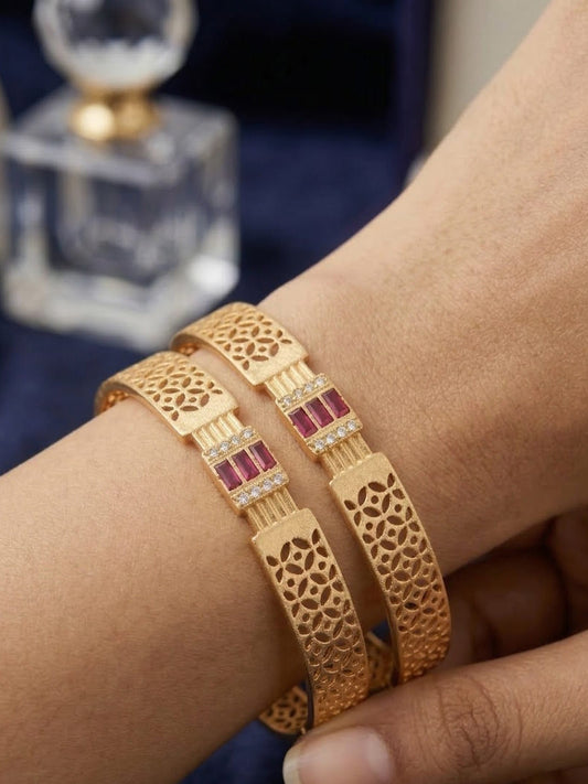 Royal Ruby Lattice Micro Gold Plated AD Stone Studded Designer Bangles (Pair)