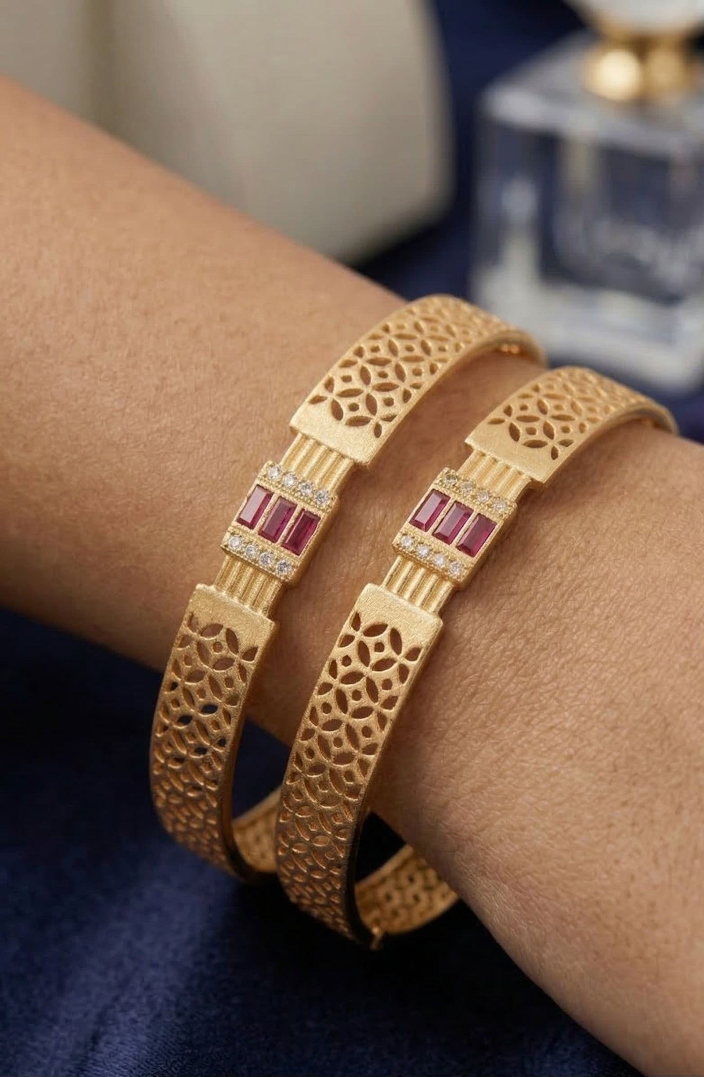 Royal Ruby Lattice Micro Gold Plated AD Stone Studded Designer Bangles (Pair)