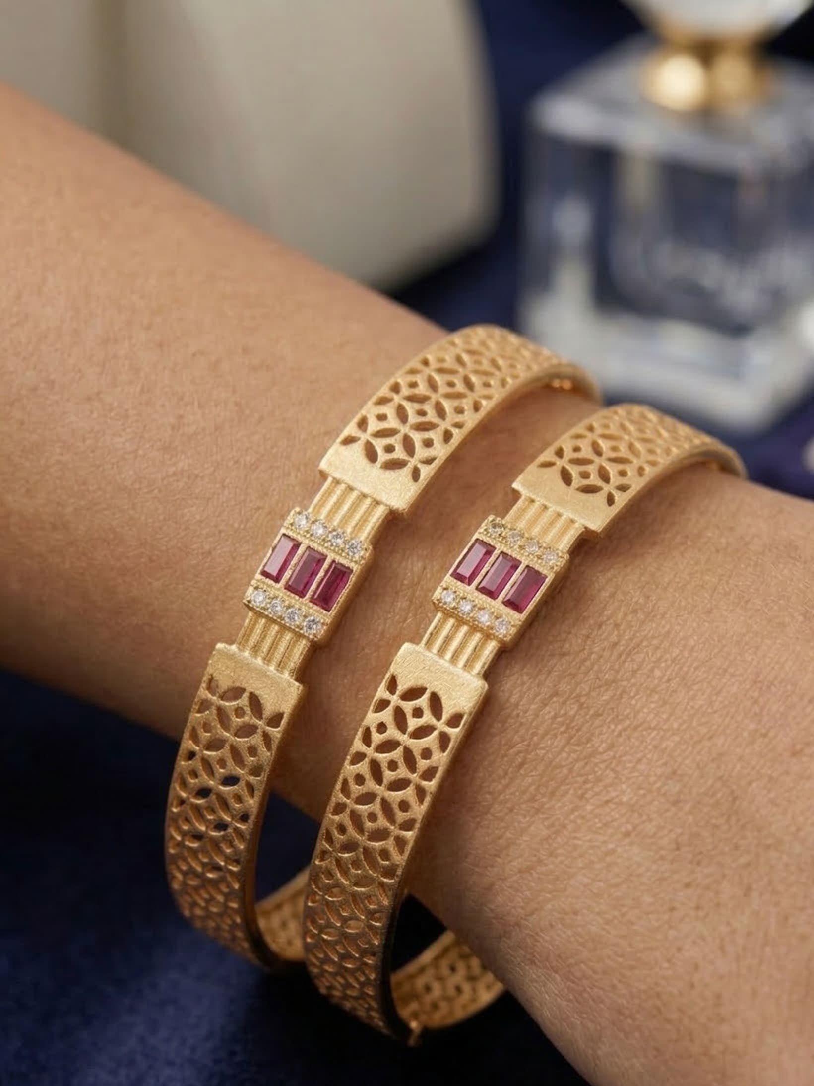 Royal Ruby Lattice Micro Gold Plated AD Stone Studded Designer Bangles (Pair)