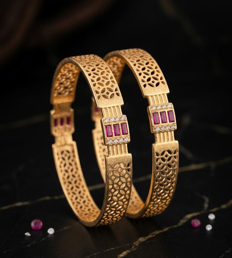 Royal Ruby Lattice Micro Gold Plated AD Stone Studded Designer Bangles (Pair)