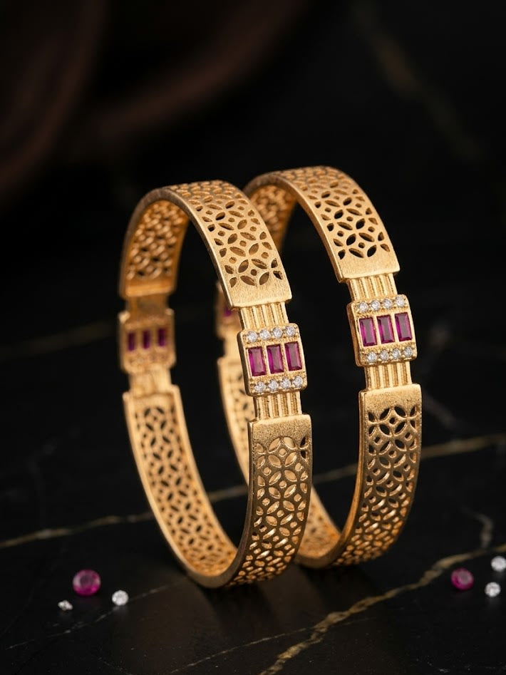 Royal Ruby Lattice Micro Gold Plated AD Stone Studded Designer Bangles (Pair)