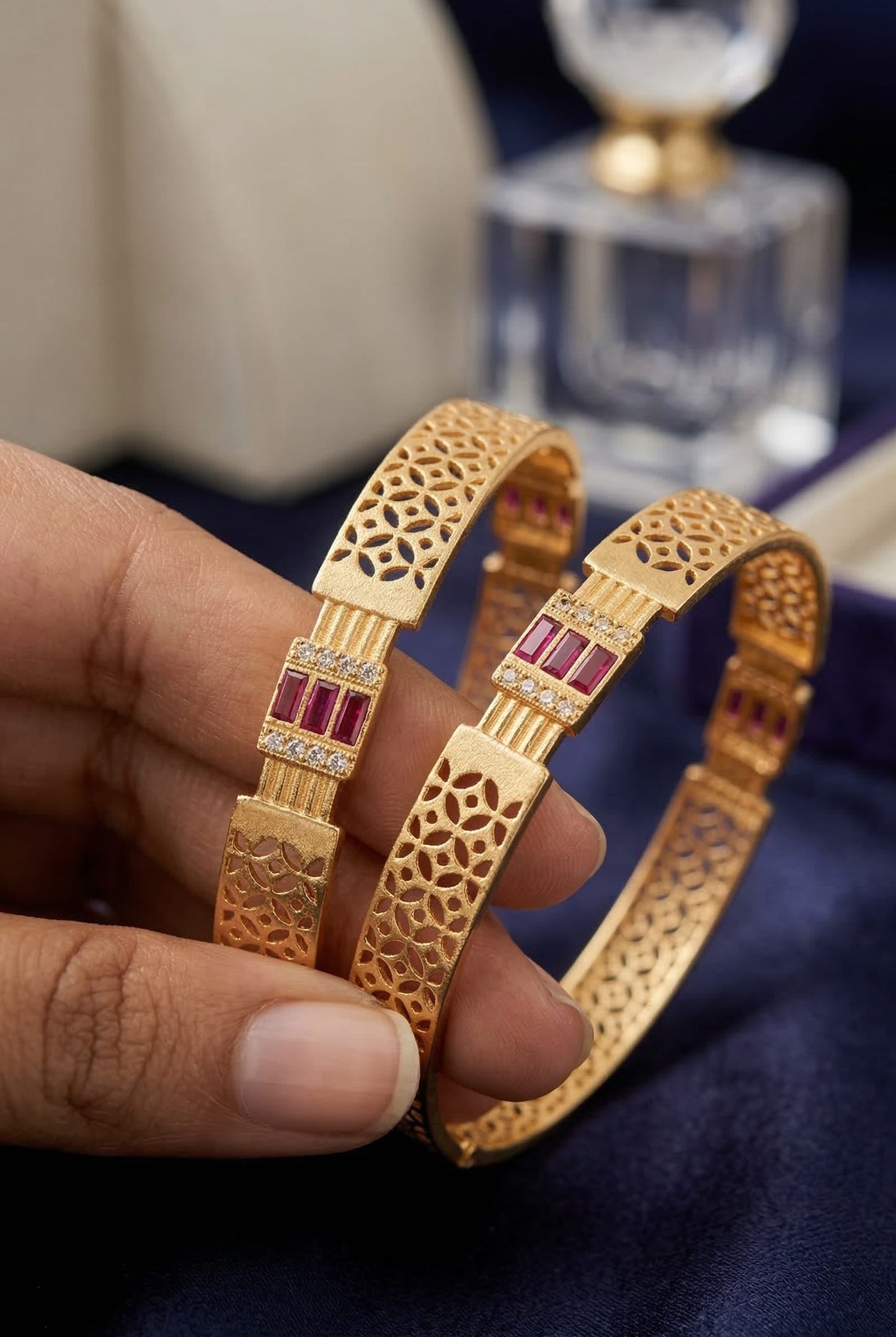 Royal Ruby Lattice Micro Gold Plated AD Stone Studded Designer Bangles (Pair)