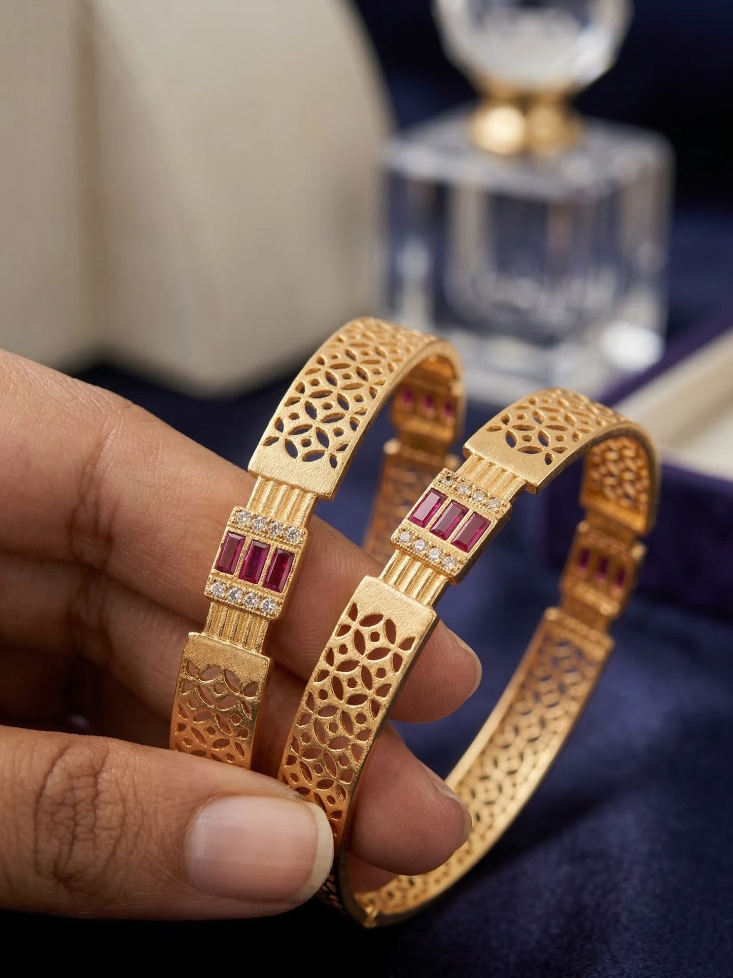 Royal Ruby Lattice Micro Gold Plated AD Stone Studded Designer Bangles (Pair)