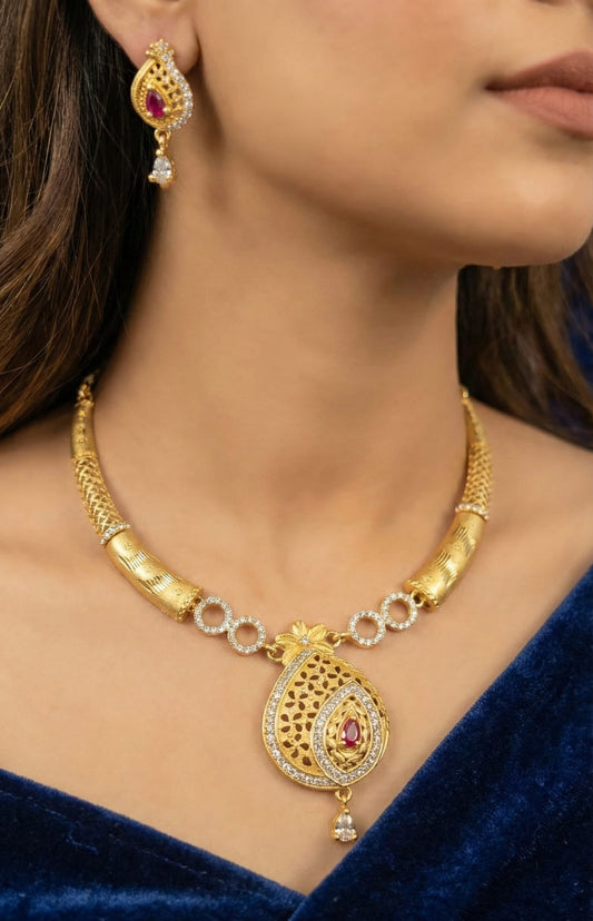 Royal Ruby Teardrop Gold Plated Necklace Set