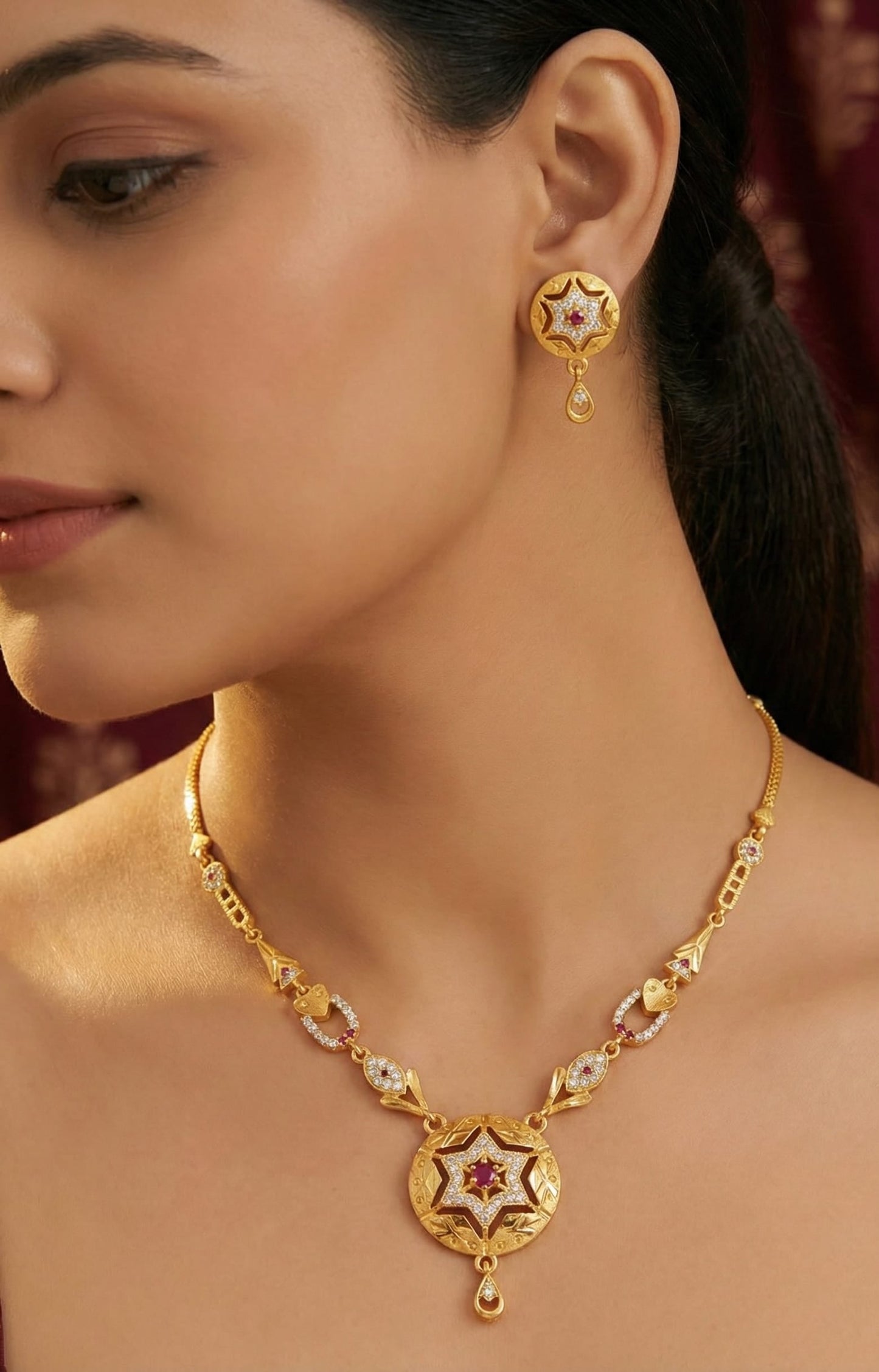 Royal Starburst And Diamond Gold-Plated Necklace Set with Matching Earrings