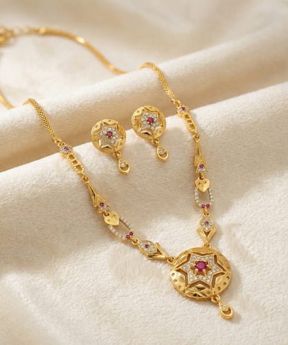 Royal Starburst And Diamond Gold-Plated Necklace Set with Matching Earrings