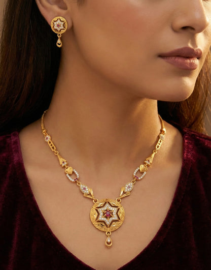 Royal Starburst And Diamond Gold-Plated Necklace Set with Matching Earrings
