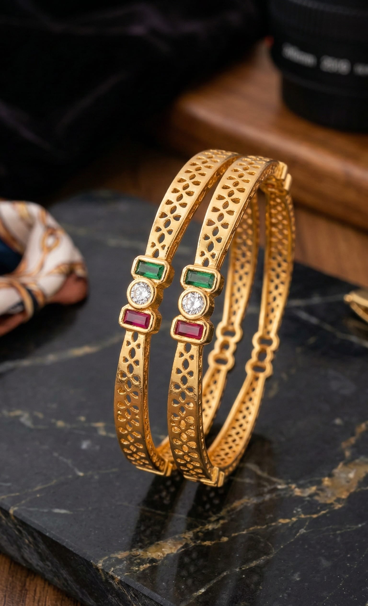 Royal Trinity Micro Gold Plated Ruby & Emerald Stone Designer Bangles (Set Of 2)