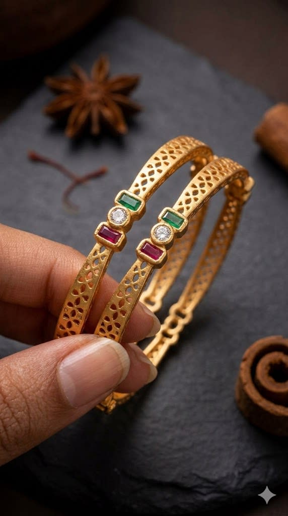 Royal Trinity Micro Gold Plated Ruby & Emerald Stone Designer Bangles (Set Of 2)