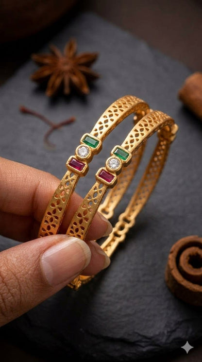 Royal Trinity Micro Gold Plated Ruby & Emerald Stone Designer Bangles (Set Of 2)