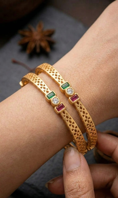 Royal Trinity Micro Gold Plated Ruby & Emerald Stone Designer Bangles (Set Of 2)
