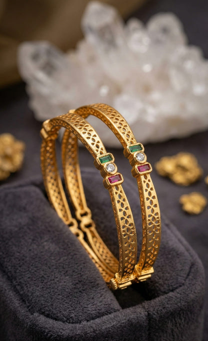 Royal Trinity Micro Gold Plated Ruby & Emerald Stone Designer Bangles (Set Of 2)