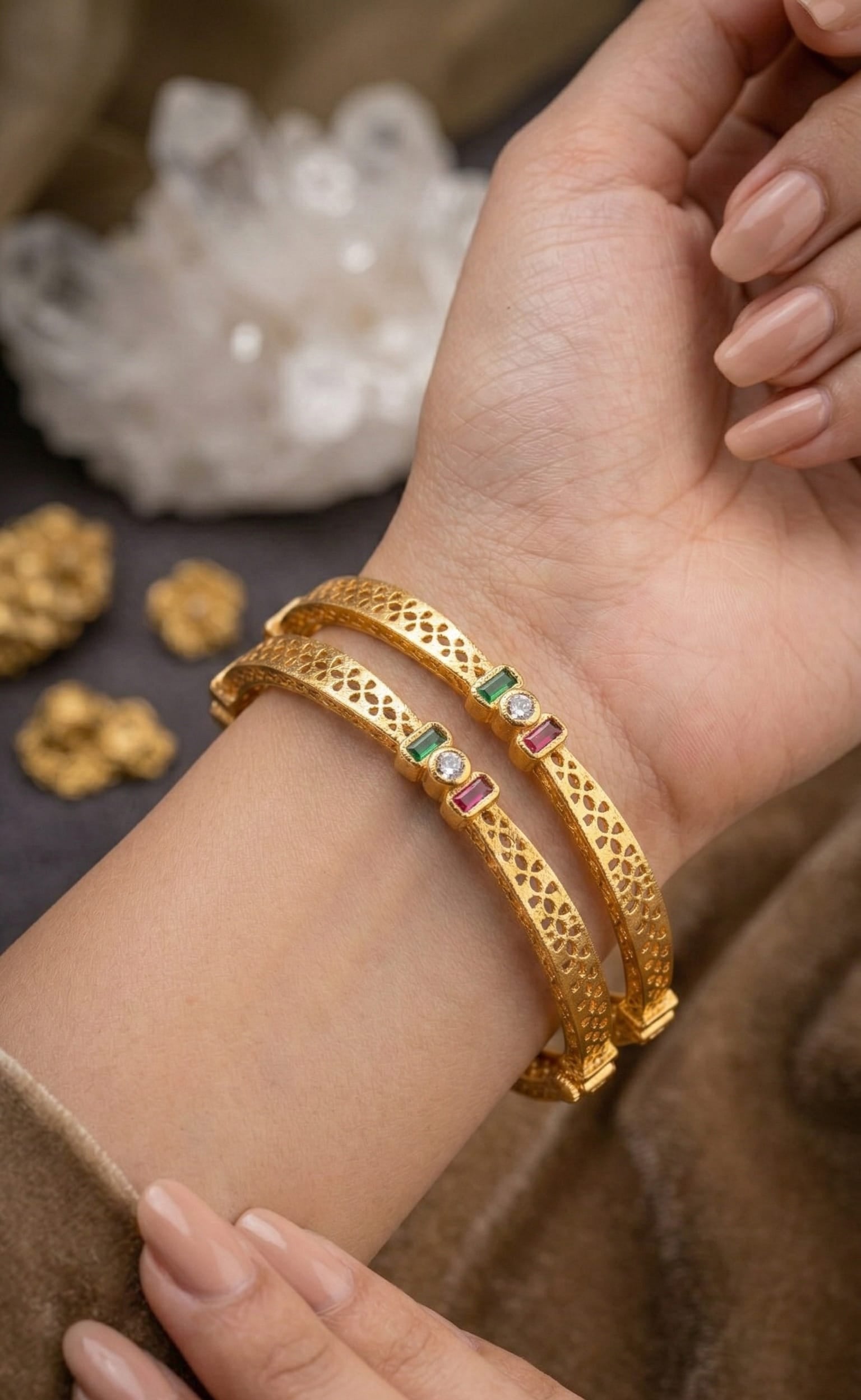 Royal Trinity Micro Gold Plated Ruby & Emerald Stone Designer Bangles (Set Of 2)