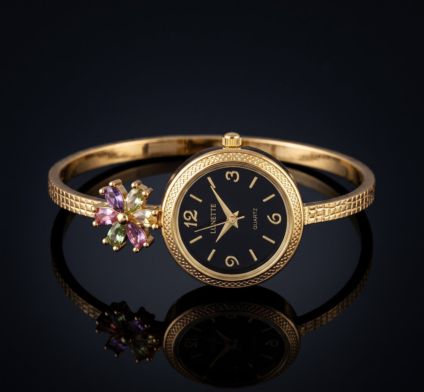 Gold Tone Plated And Diamond Fancy Adjustable Black Flower Watch