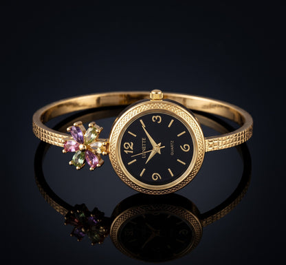 Gold Tone Plated And Diamond Fancy Adjustable Black Flower Watch