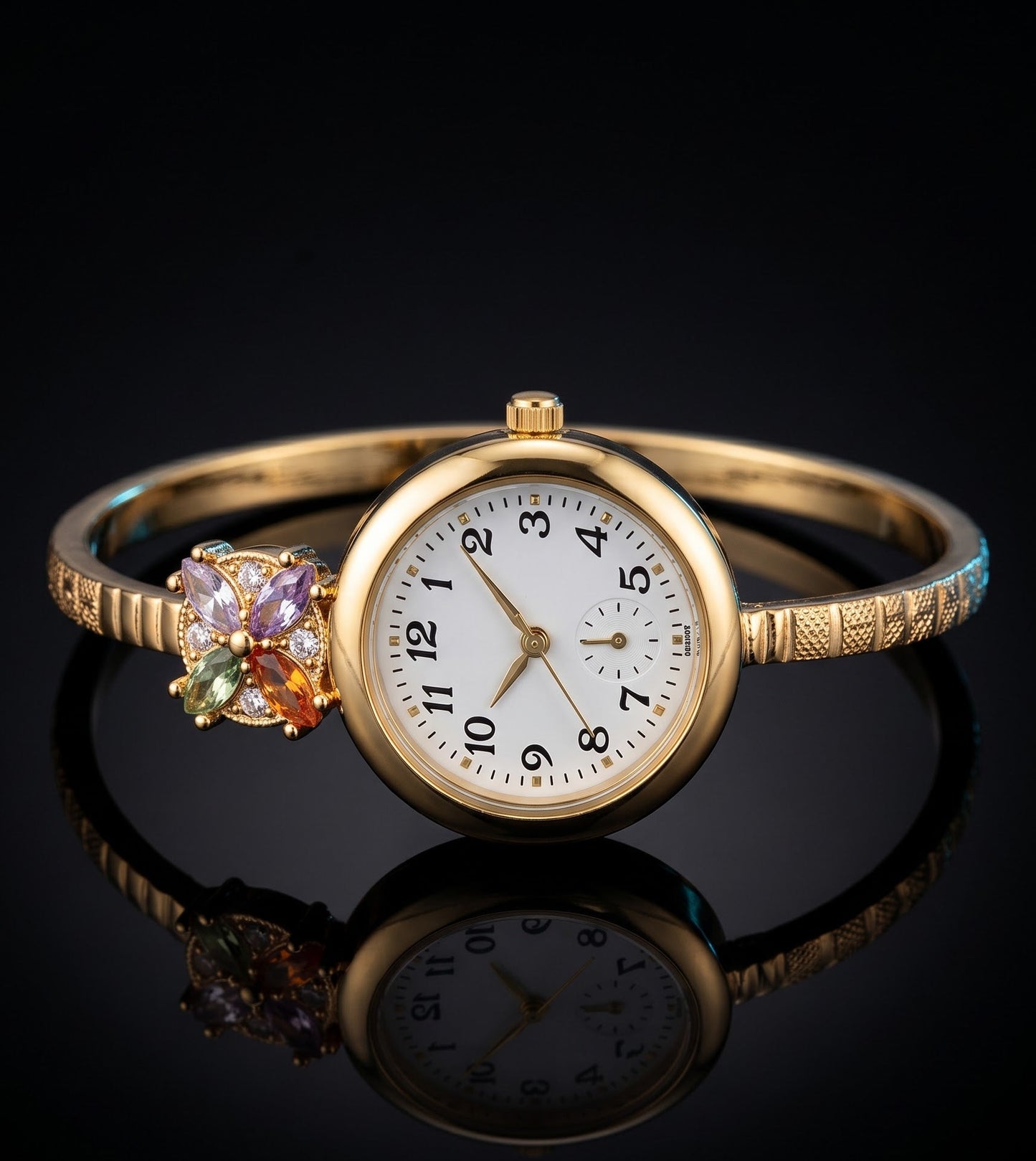 Beautiful Golden Floral And Stone Studded Bracelet Watch For Women