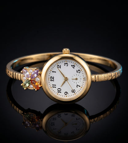 Beautiful Golden Floral And Stone Studded Bracelet Watch For Women