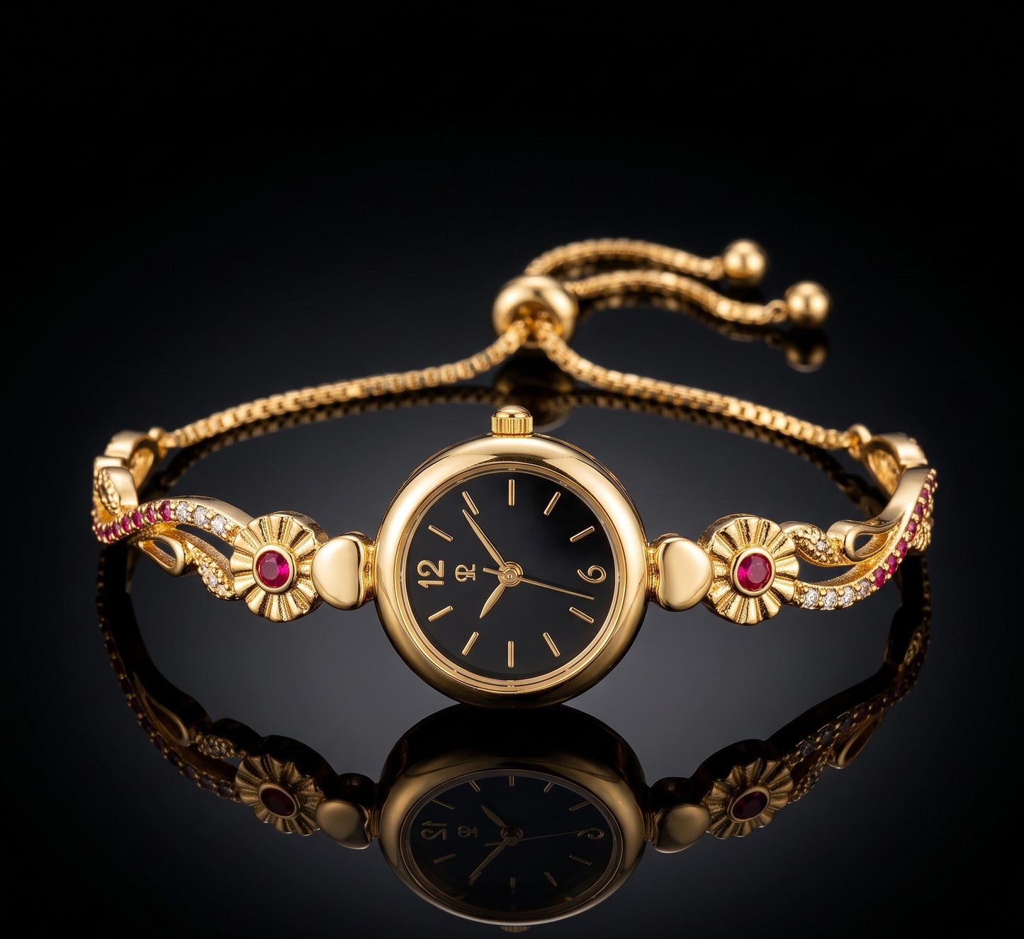 Gold Tone Plated White Dial Floral Bracelet Watch For Women