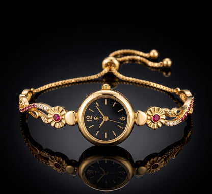 Gold Tone Plated White Dial Floral Bracelet Watch For Women
