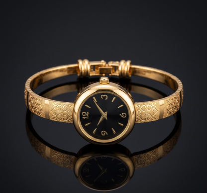 Micro Gold Tone Plated Daily Wear Black Dial Adjustable Bracelet Watch